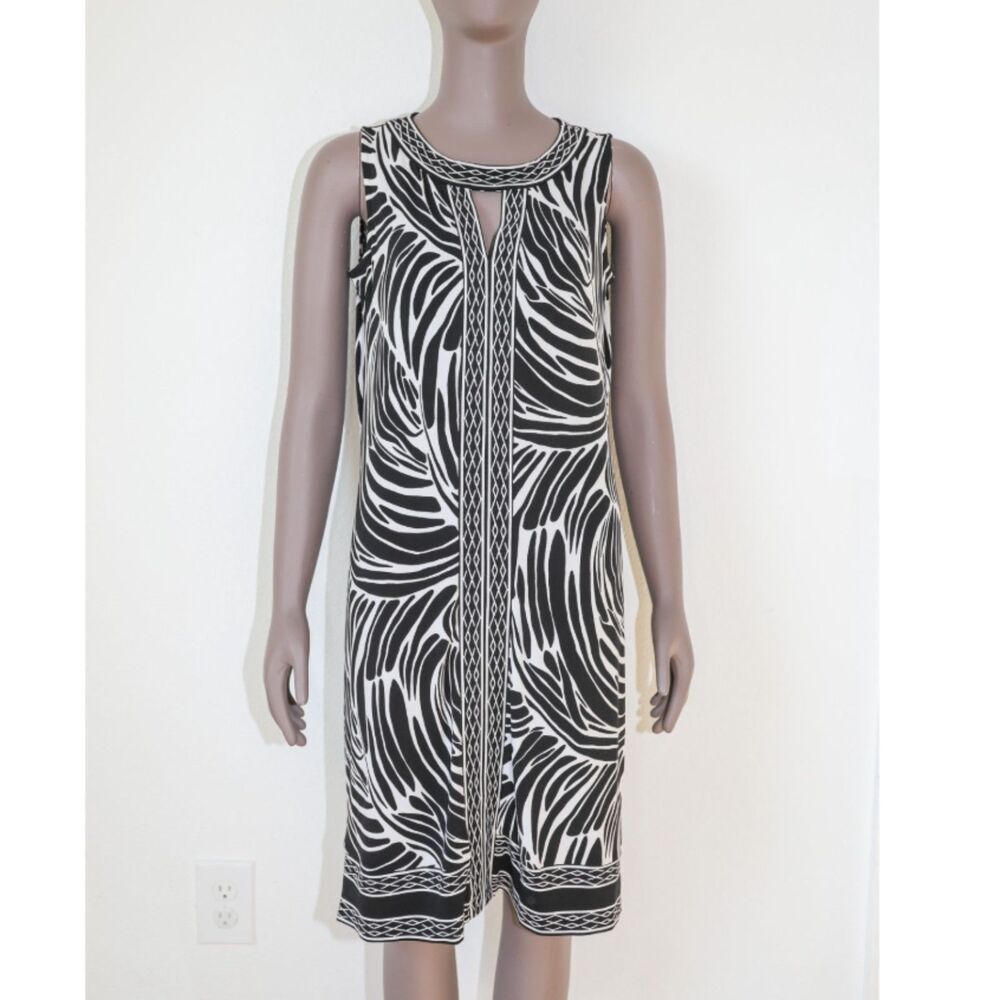 Dana Buchman Black White Abstract Print Shift Dress Small Sleeveless Keyhole